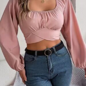 Square Neck Long Sleeve Cropped Top in Dusty Pink